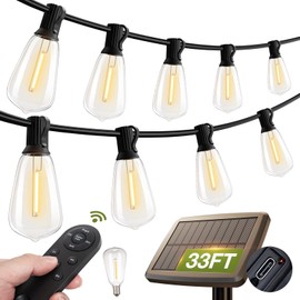 addlon 33(27+6) FT Solar String Lights Waterproof,Patio Lights Solar Powered with Remote& USB Port 12+1 LED Shatterproof Bulbs 3 Lighting Modes Outdoor Lights for Camping Backyard Garden