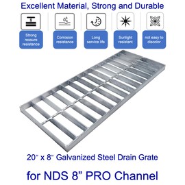 MOSINSBO Galvanized Steel Drain Grate 20x8 in for NDS 8" PRO Channel, B-Class 28100 lbs Heavy-Duty Outdoor Driveway Trench Drainage Grate, Silver Rectangle Replacement Metal Sewer Cover
