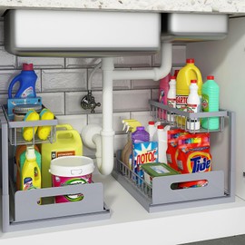 REALINN Under Sink Organizer, Pull Out Cabinet Organizer 2 Tier Slide Out Sink Shelf Cabinet Storage Shelves, Under Sink Storage for Kitchen Bathroom Cabinet, Gray, 2 Pack