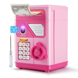 Electronic Piggy Bank for Kids Safe 2025, Pink Money Savings Bank with Password & Face ID Simulation, Mini ATM Safe Coin Bank with Auto Bill Slot, Christmas Birthday Toy Gift for Girls Age 6 7 8 9 10