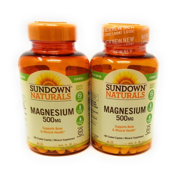 Sundown Naturals Magnesium 500 Mg Caplets Value Size, 180 Count, (Pack of 2)