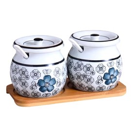 JunHa Rustic Elegant 2 Count Ceramic Spice Jar Set with Lid and Spoon, Perfect for Spices, 9 Ounces, 3.7 x 3.7 x 3.5 Inches