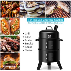 Giantex 3-in-1 Charcoal BBQ Smoker, Round Grill Cooker with Built in Thermometer and Hangers for Outdoor Cooking Grilling (Black)