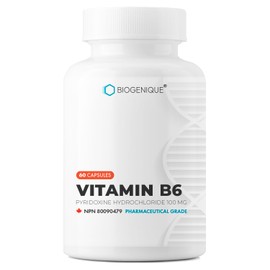 Biogenique Vitamin B6 100 mg - 60 Capsules B6 Pyridoxin - Supports Energy Production & Metabolism - 2 Months supply Vitamin B6 supplement Made in Canada, Non-GMO, Vegan