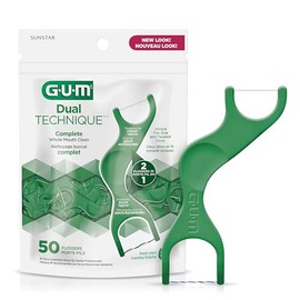 GUM - Hilo Dental Dual Technique con Mango Ergonómico, Sabor Menta - Limpieza de Dientes Delanteros y Posteriores - 50 Unidades