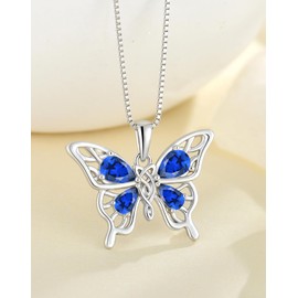 Vemhel Butterfly Necklace 925 Sterling Silver Celtic Knot Pendant Teardrop Birthstone Twisted Jewelry for Women, Sterling Silver, Created Sapphire