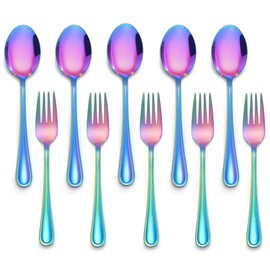 LIANYU 10-Piece Rainbow Children Silverware Set, Kids Forks and Spoons Silverware Set, Stainless Steel Toddler Utensils Flatware, Child Cutlery for Home Preschools, Dishwasher Safe