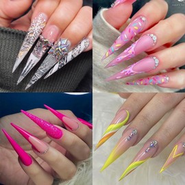 Cycullinyt 240Pcs Stiletto Soft Gel Nail Tips, Long Stiletto Nails, 12 Sizes Half Cover Tapered French Acrylic Clear False Nail Extension for Beginner and Professional Home Salon DIY