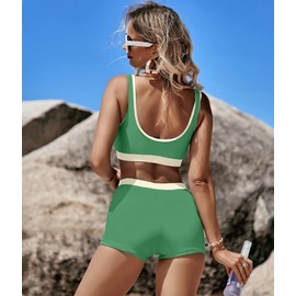 KerryKreey Women 2 Piece Sporty Swimsuits Color Block High Waisted Bikini Teen Crop Tummy Control Tankini Bathing Suit Shorts