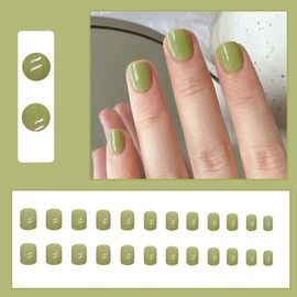 Ceboic Pack of 24 French Press on Nails Short, Pure Colour Artificial Nails for Sticking with Nail Glue Sticker, Matcha Green Ballerina Acrylic False Nails Square Fingernails Fake Nails for Women