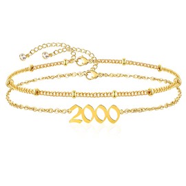 LANDOOK Birth Year Ankle Bracelets for Women,Dainty Layered Chain 14K Gold Plated Year Anklets for Women Summer Beach Foot Jewelry (2000)