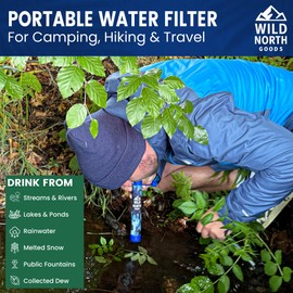 Wild North Goods - 2 Pack Personal Water Filter Straw - Portable Water Purification for Hiking, Camping, Travel, Outdoors & Emergency Use - Includes Bottle, Straw & Carabiners