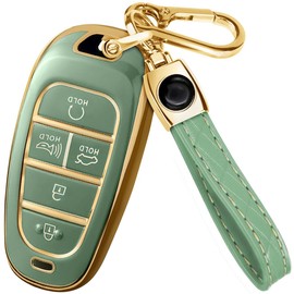 Lucrum Compatible with Hyundai Key Fob Cover & Leather Keychain, Keyfob Case for Santa Fe, Sonata, Tucson, Grandeur, Ioniq 5, Palisade, Nexo - For 5 Button Remote (2019-2025) - Green and Gold