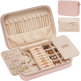 Lolalet Caja Portable para Joyas, Bolsa Multifuncional de Joyería Estuche Joyero Organizador con Espejo para Anillos Aretes Collares Pendientes -M,Rosa
