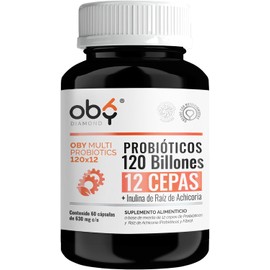 Probioticos 120 Billones de 12 Cepas  Prebioticos. OBY MULTI Probiotics además contiene Inulina Raiz de Achicoria. Probioticos Mujer y Hombre - 60