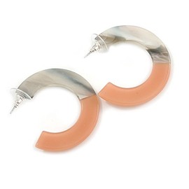 40mm Trendy Marble Grey/Light Coral Acrylic/Plastic/Resin Half Hoop, Geometric Earrings with Silver Tone Closure