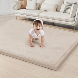 ACOMOPACK Baby Play Mat for Floor 1.3" Thick Memory Foam Play Mat 79"×118" Tummy Time Crawling with Non-Slip Bottom for Living Room,Nursery,Soft Velvet Playpen Mats for Kids,Infants（Beige）