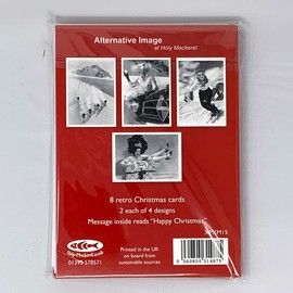 Pack of 8 Christmas cards featuring vintage black and white photos of festive winter scenes at Christmas, 2 each of 4 different designs, cards are 12.5 x 17.5cm and come with a red envelope