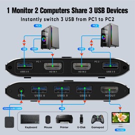 4K@60Hz HDMI Kvm Switch 1 Monitors 2 Computers, Sharing USB Devices with 3 USB 3.0 Ports, Supports Wired Remote and Button Control, EDID Compatible, Suitable for Laptop/Desktop