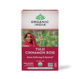 Organic India Tulsi Cinnamon Rose Herbal Tea - Stress Relieving & Mystical, Immune Support, Gluten-Free, USDA Certified Organic, Supports Sugar Metabolism, Caffeine-Free - 18 Infusion Bags, 1 Pack