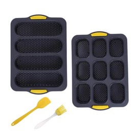LOVEWE Silicone French Bread Pan Set, Non-Stick Baguette Baking Molds, Gray with Yellow Handles, 4 Piece, 13.18x9.25 Inch