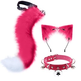 QinRuan Cosplay Costume 3-Pieces Set,Cat Ears and Leather Bell Collar Faux Fur Animal Tail