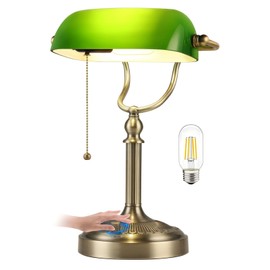 Newrays Green Glass Bankers Desk Lamp, Stepless Dimmable Table Lamp Plug in Fixture for Study, Office, LED Bulb Included
