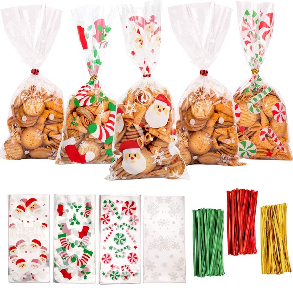 DERAYEE 120 Pieces Christmas Cellophane Bags Xmas Gift/Goodies Treat Bags