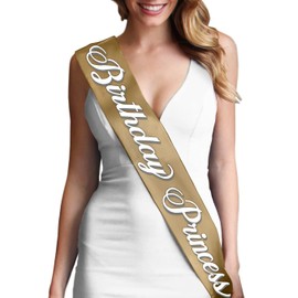 Gold Birthday Sash - Premium GRADE SATIN Flourish Birthday Princess Sash - Birthday Party Decorations & Supplies - Gold Sash(Bdy Prnc Wt) GLD