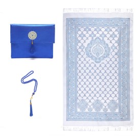Lenmipot Prayer Rug Muslim Namaz Portable Blanket Ramadan Prayer Soft Mat Islamic Eid Gift Rug Set with Beads Muslim Thin Rug - Blue