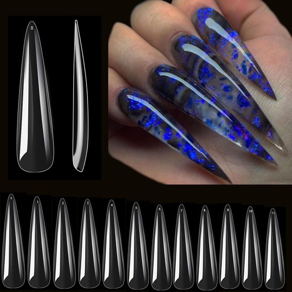 Upgrade 3XL No C Curve Stiletto Nail Tips - 240 Pcs XXXL Super Long Full Cover Acrylic Fake Nail Tips Clear Flattened None C Curve Stiletto Flat Nail Tips for Women Girls with Case