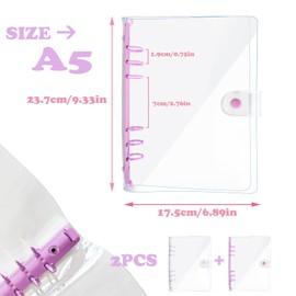 DY.2ten 2 Pack A5 Transparent Soft PVC 6 Holes Binder Notebook Covers, Snap Button Closure Refillable Notebook Round Ring Binder Cover Protector(A5, Clear Cover + Light Purple/White Binder)