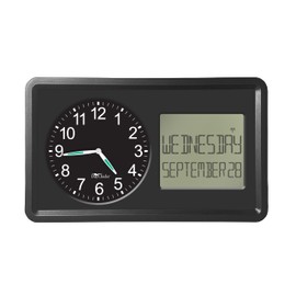 DayClocks Atomic Combines Analog Time and Digital Display for Day and Date – 10” Display Alarm Clock - Battery Powered Soft Display - Black Frame