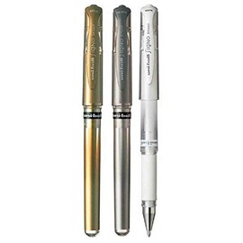 Uni Ball Assorted Colour Pack Signo Pen Broad Metallic Gel Ink Rollerball Metal 1mm Tip Nib 0.65mm Line Width With Rubber Grip UM-153 1 Of Each Colour - Gold Silver White - 3 Pens)