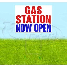 Gas Station Now Open (18" x 24") Yard Sign, Quantity Discounts, Multi-Packs, Includes Metal Step Stake, Bandit, New, Advertising, USA