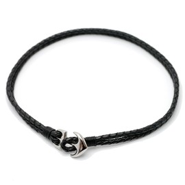 Silver One ko Front Hook Leather Choker Anchor Genuine Leather Double Men's Braided Black Stainless Steel [0.16 inch (4 mm) 47 cm], Leather, No Gemstone