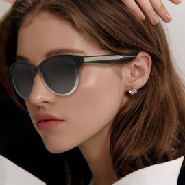 Carfia Black Cateye Polarized Sunglasses for Women UV Protection, Handcrafted Acetate Frame with Embossed Pattern Wire Core