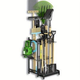 Heavy Duty Black Metal Garden Tool Organizer Rack With Hooks For Shovels Brooms Outdoor Storage Stand Floor MountColor: Black Color
