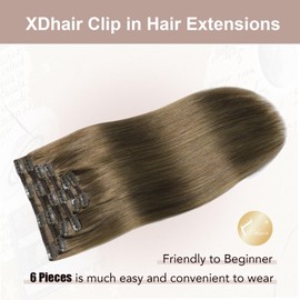 XDhair Clip in Hair Extensions Human Hair120g 6pcs 20Inch Ash Brown Human Hair Extensions Natual Straight Double Weft Clip in Real Extensions 6pcs #8 20inch