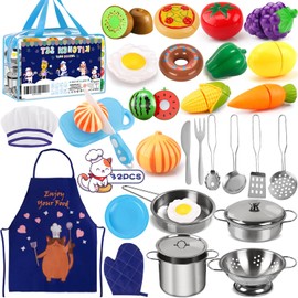 MULEVIP Children's Kitchen Accessories 32 Pieces Play Kitchen Accessories, Cookware Stainless Steel Pan Set Apron and Chef Hat for Vegetables Pretend Toy Role Play Kitchen Outdoor Girls and Boys