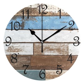 zyrtty Wall Clock Country Rustic Retro Barn Door Wood Brown Blue Battery Operated Silent Non Ticking 10 Inch PVC Tabletop Clock Decorative for Kitchen, Bathroom, Bedroom, Desk, Bookshelf
