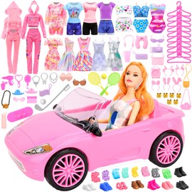 Miunana 71 Pieces Dolls and Car with Doll Clothes Doll Accessories, 11.5 Inch Dolls, Vehicle Clothing Clothes Accessories Shoes for 30 cm Dolls, Gift for Children