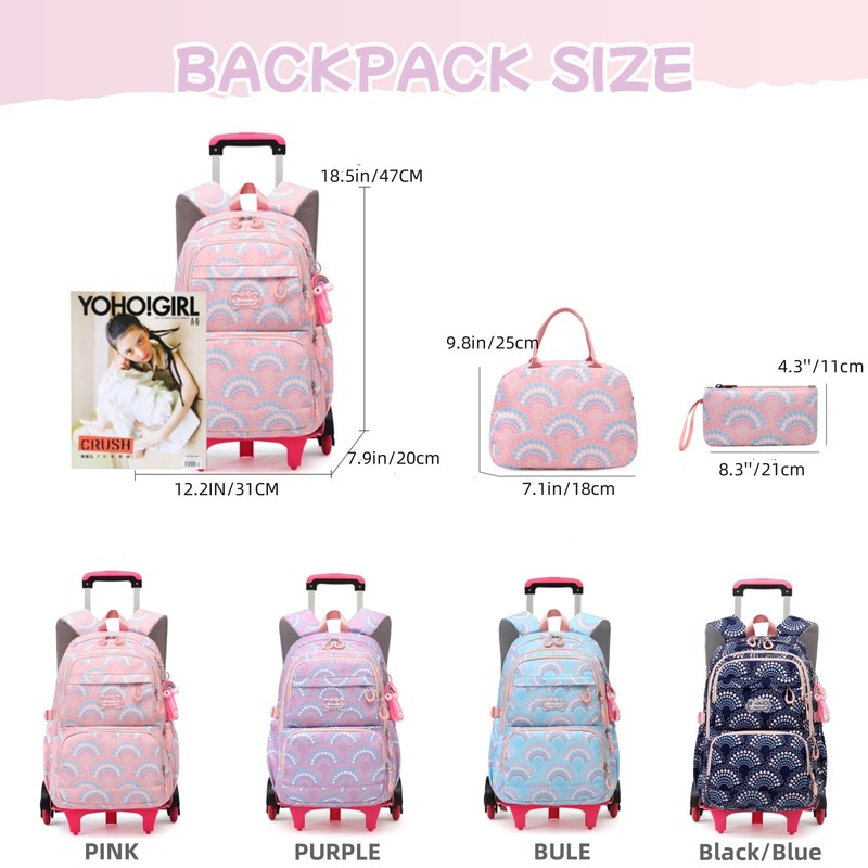 3Pcs Girls Rolling Backpack Kids Bookbag with Wheels Set Elementary