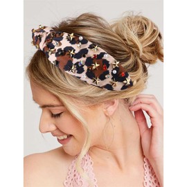 NVENF Leopard Headband for Women Rhinestone Pearl Knotted Headband Beaded Embellished Star Cheetah Headband Boho Leopard Printed Wide Top Knot Headband Fashion Hair Accessories (Leopard 3)