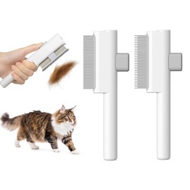 Marchul 2Pcs Cat Comb Flea Comb Set for Cats Dogs, Cat Grooming Brush with Release Button and Stainless Steel Round Teeth, Self-Cleaning Dog Combs for Removing Pet Hair, Knots & Loose Fur, White