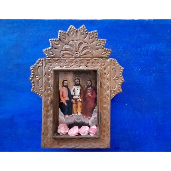 Big Rustic Mexican tin nicho Holly Trinity wall hanging folk