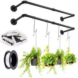 Yoiemivy 2 Set Hanging Planter Bar with 4 Hooks - Hanging Planters for Indoor Plant Window Hanging Plant Shelf Black Metal Wall Mount Plant Hanging Rod Ceiling Plant Holder (Pot & Plant Not Included)