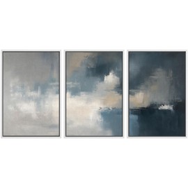 SIGNWIN Framed Canvas Print Wall Art Set Blue Beige Abstract Modern Brushstroke Illustrations Modern Art Rustic Scenic Relax/Calm for Living Room, Bedroom, Office - 24"x36"x3 WHITE