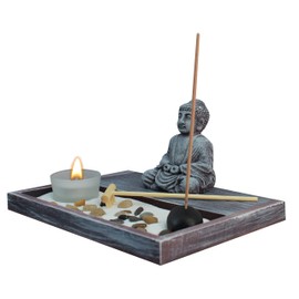 Zen Garden Deluxe Desk Meditation Garden Grey Buddha Statue with Rocks, Tea Light Holder, Rake, Incense and Incense Holder, Sand and Base - Peace & Tranquility (Candle Not Included)