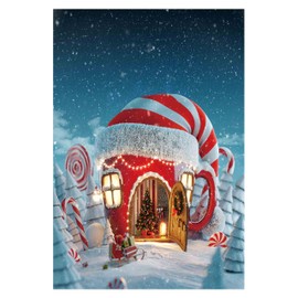 Funnytree 5x7ft Christmas Candy Cup House Photography Backdrop Snow Pine Tree Red and White Stripes Background Children Newborn Baby Portrait Photo Studio Photobooth Props